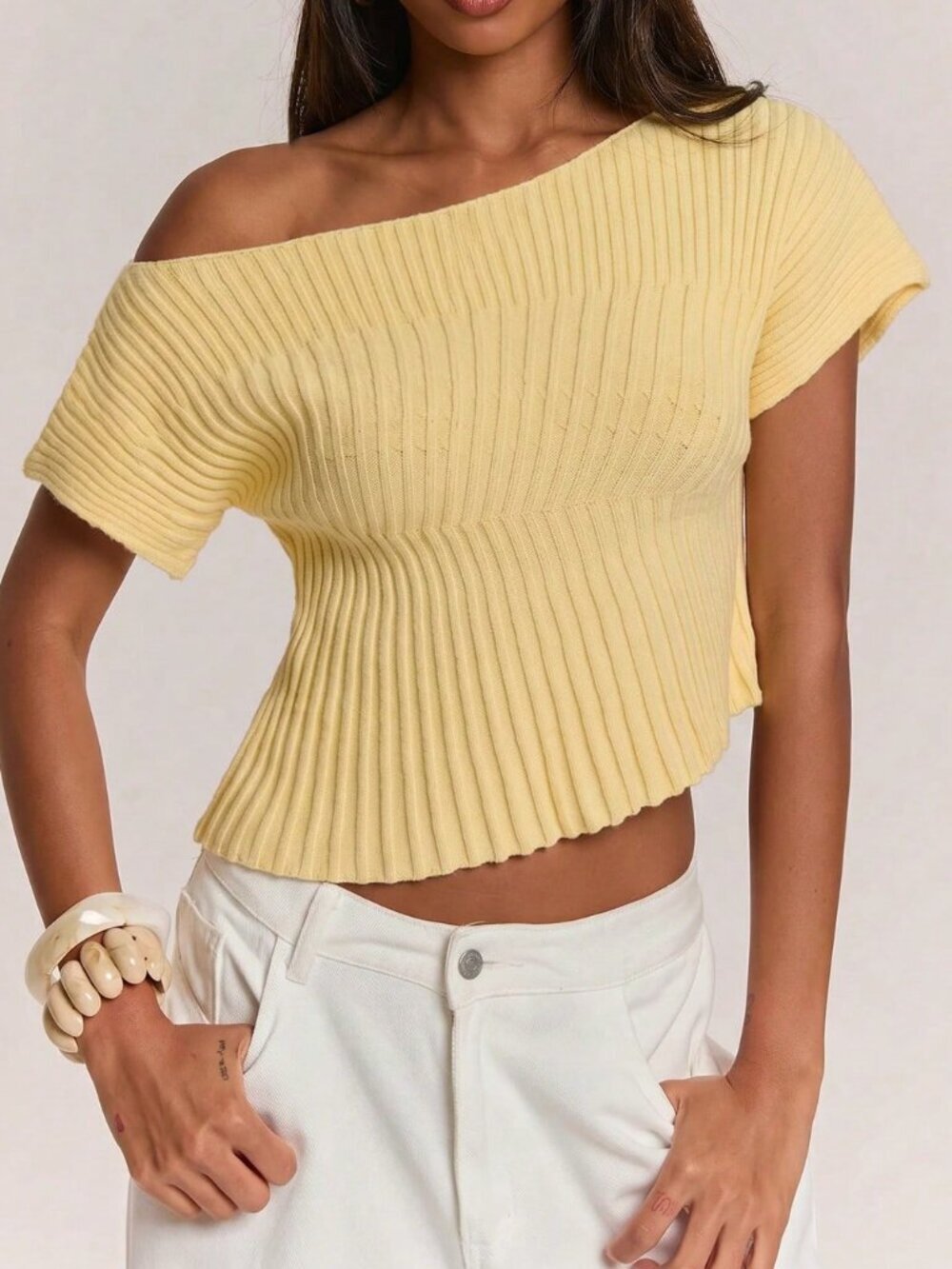 Yellow Casual Women's Asymmetrical Cropped Knit Top - Picture 5 of 7